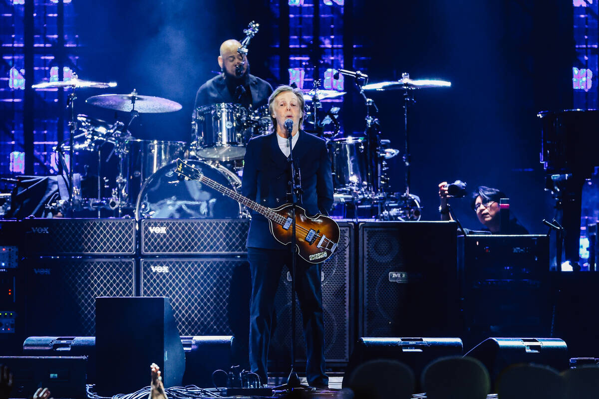 Paul McCartney performs during a stop on his Got Back tour at Allegiant Stadium Saturday, Oct. ...