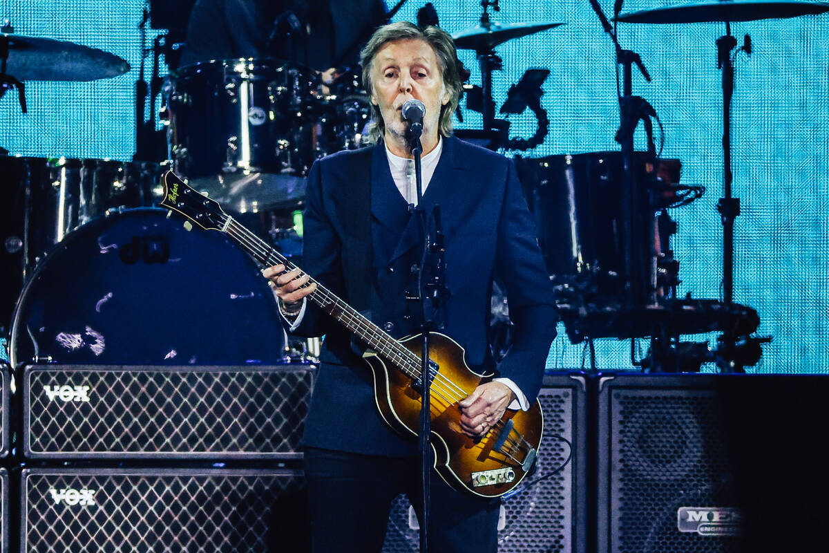 Paul McCartney performs during a stop on his Got Back tour at Allegiant Stadium Saturday, Oct. ...