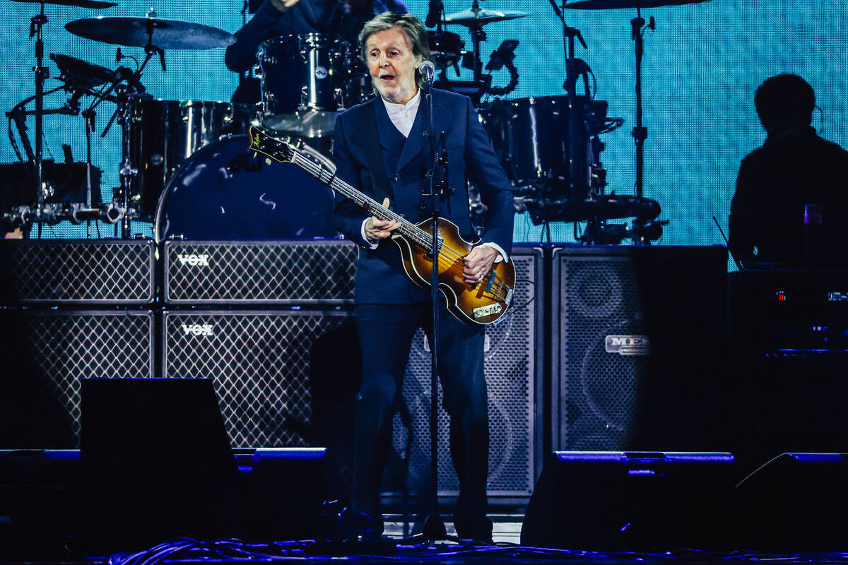 Paul McCartney performs during a stop on his Got Back tour at Allegiant Stadium Saturday, Oct. ...