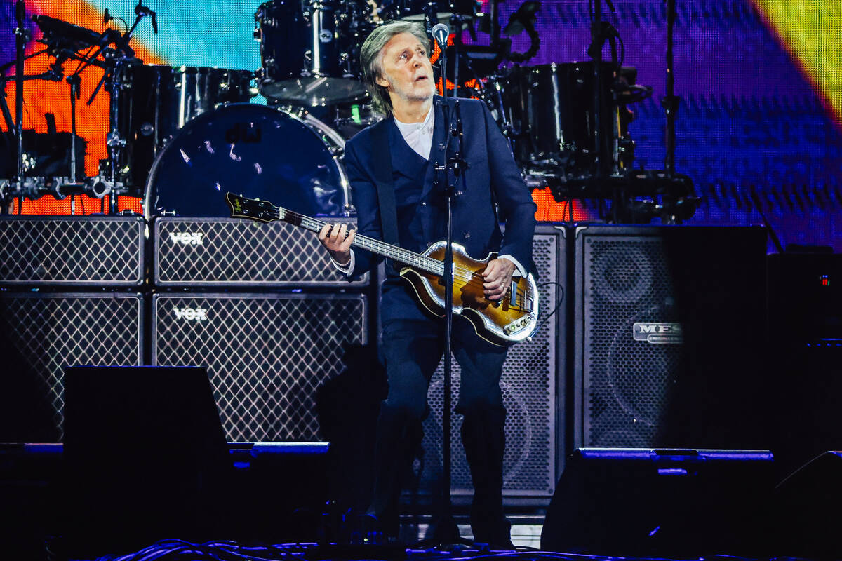 Paul McCartney performs during a stop on his Got Back tour at Allegiant Stadium Saturday, Oct. ...