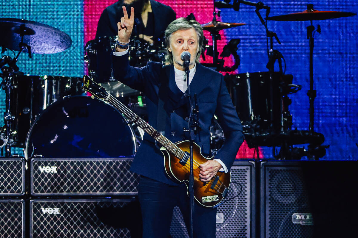 Paul McCartney performs during a stop on his Got Back tour at Allegiant Stadium Saturday, Oct. ...