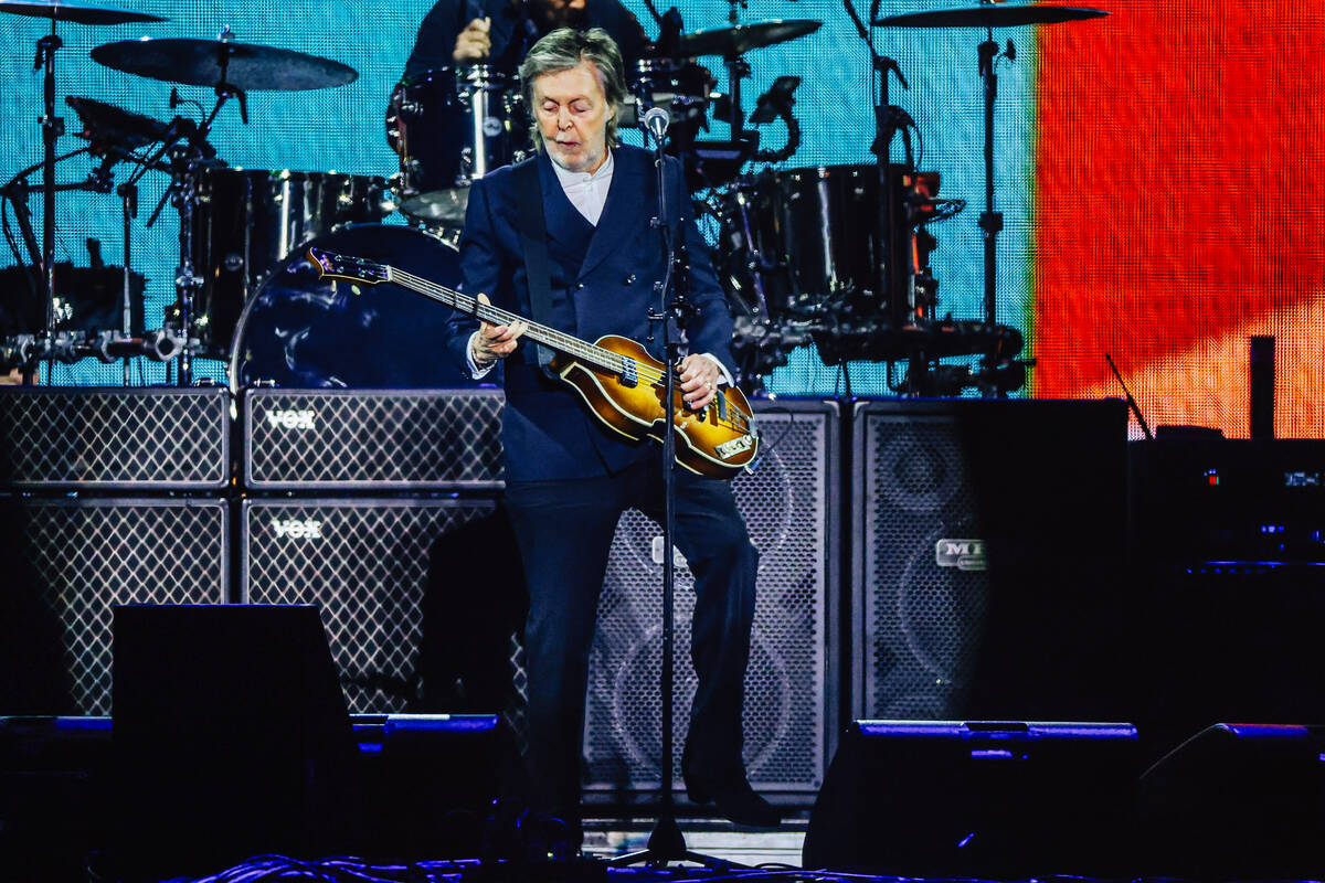 Paul McCartney performs during a stop on his Got Back tour at Allegiant Stadium Saturday, Oct. ...