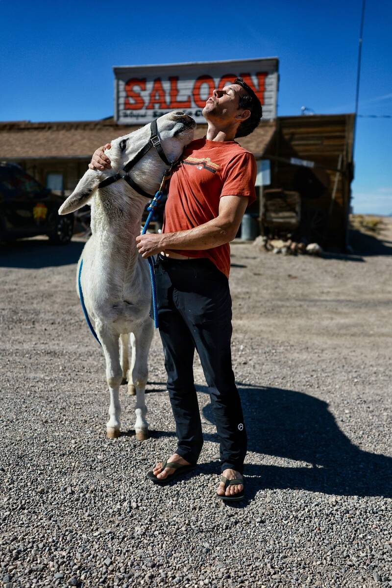 Alex Honnold and a burro. Honnold hosts a new travel show focused on Nevada. (J.J. Kelley)
