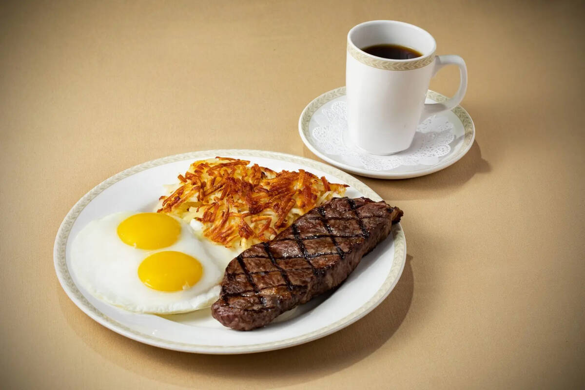 A 7-ounce New York steak, two eggs and hash browns, one of several $4.45-to-$7.45 late-night sp ...