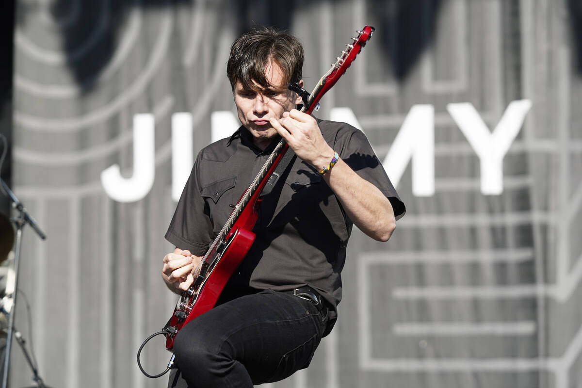 Jim Adkins, of Jimmy Eat World, performs on day three of Riot Fest on Sunday, Sept. 18, 2022, a ...