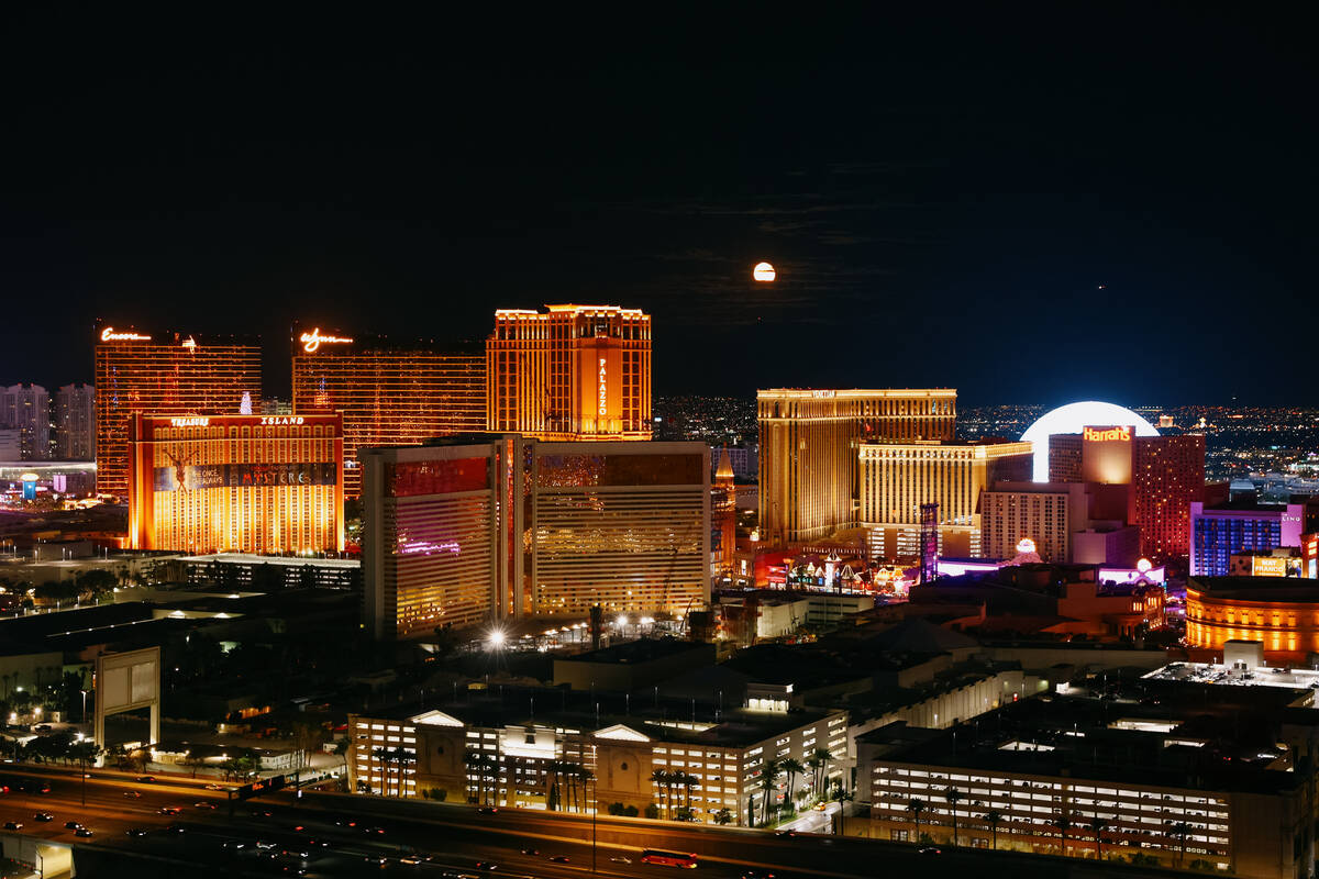 The evening view of the Strip from the balcony at High Steaks at Rio Hotel & Casino on Wedn ...