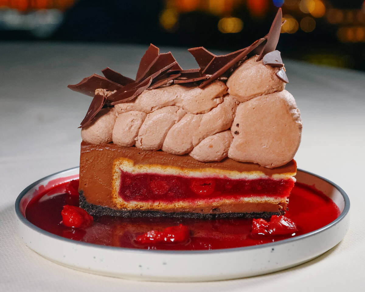 The Black Forest piecaken, a cherry pie inside of a chocolate cheesecake with cocoa whipped cre ...
