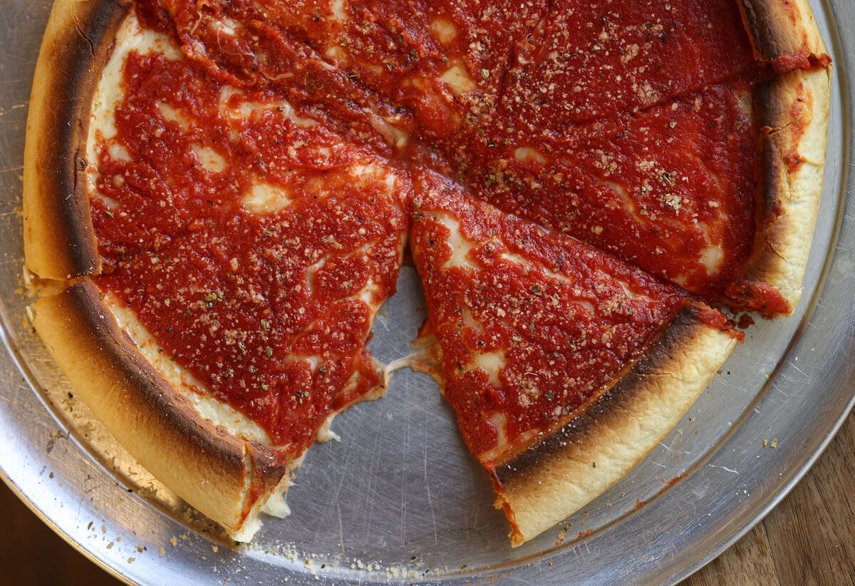 A 12” Chicago deep dish cheese pizza is seen at Tony’s Pizzeria Friday, Oct. 10, 2025 in La ...