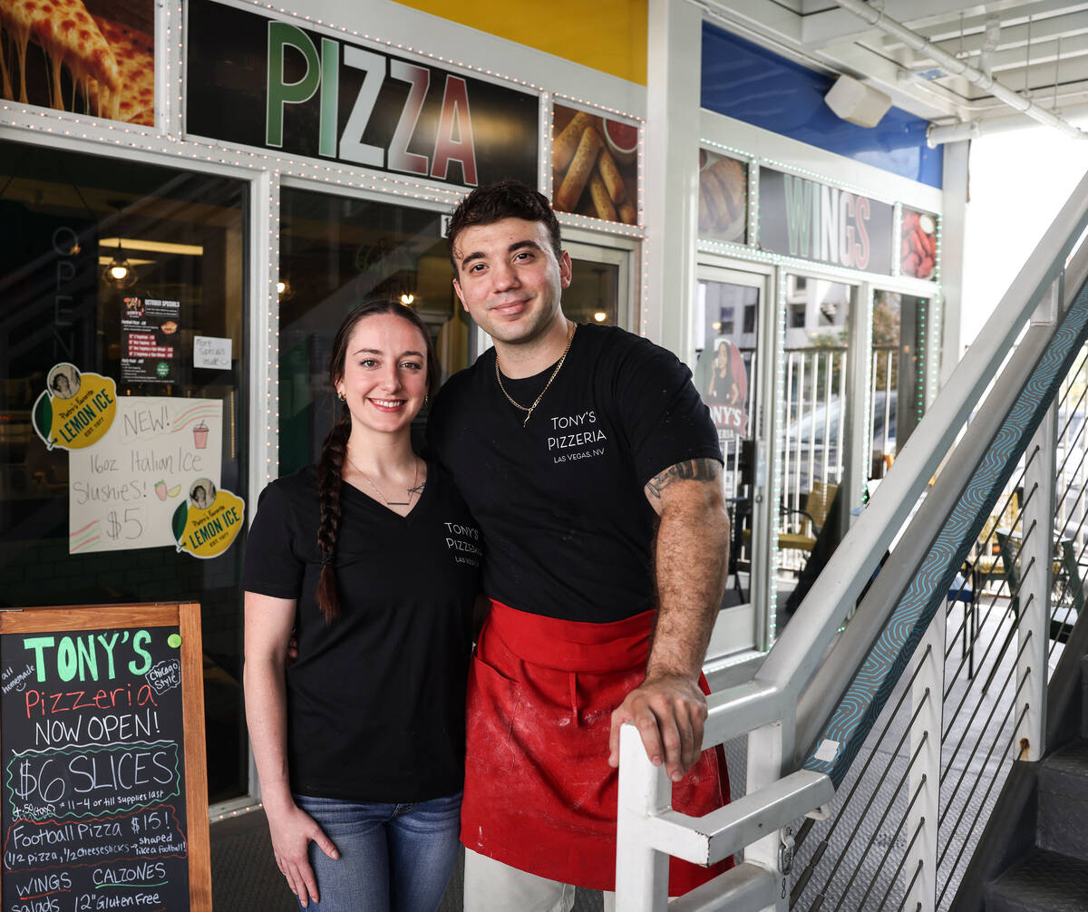 Tony’s Pizzeria owners Ashleigh Hughes and Tony Cimino pose for a photo at Tony’s Pizzeria ...