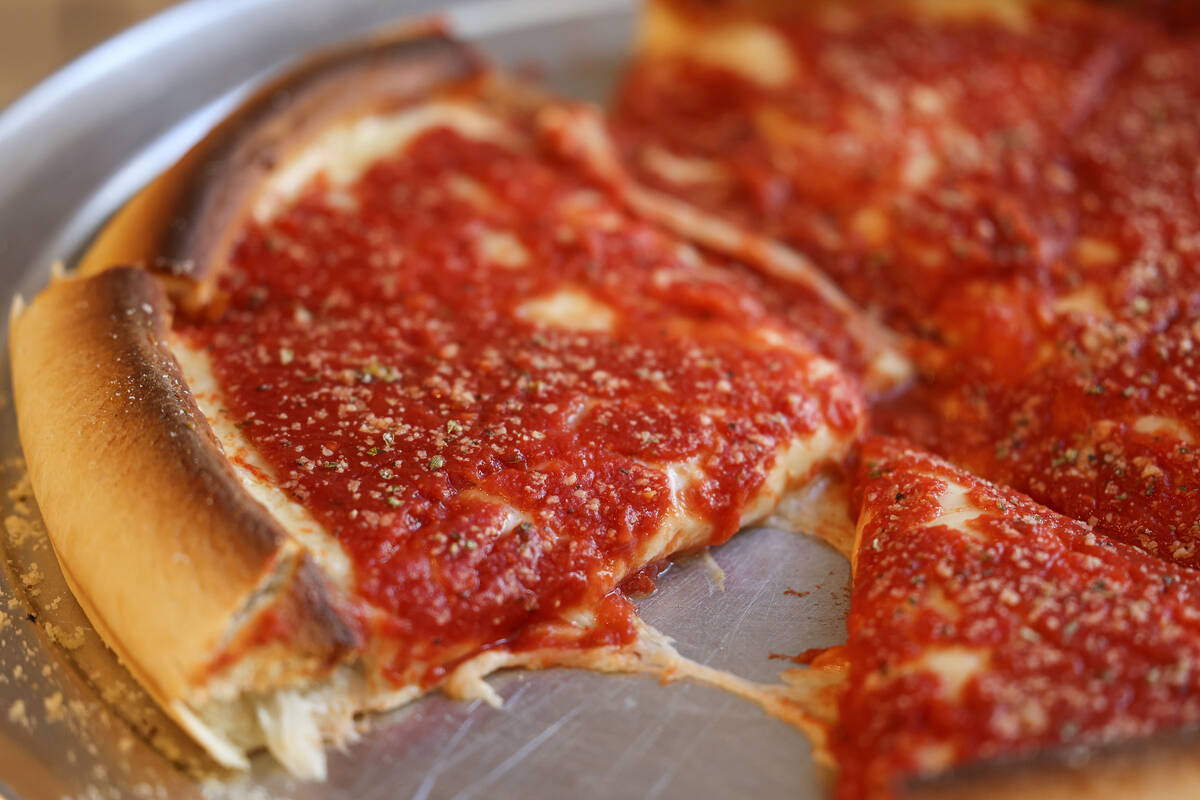 A 12” Chicago deep dish cheese pizza is seen at Tony’s Pizzeria Friday, Oct. 10, 2025 in La ...