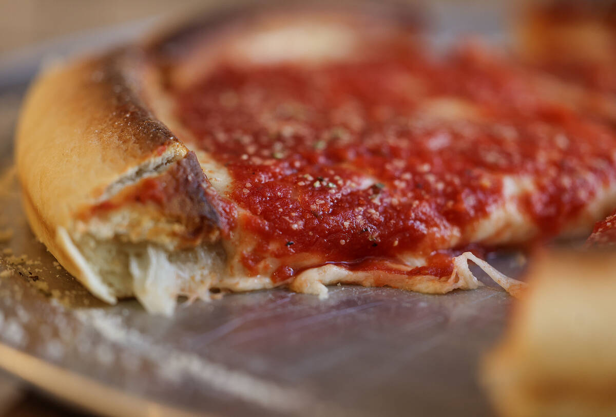 A 12” Chicago deep dish cheese pizza is seen at Tony’s Pizzeria Friday, Oct. 10, 2025 in La ...