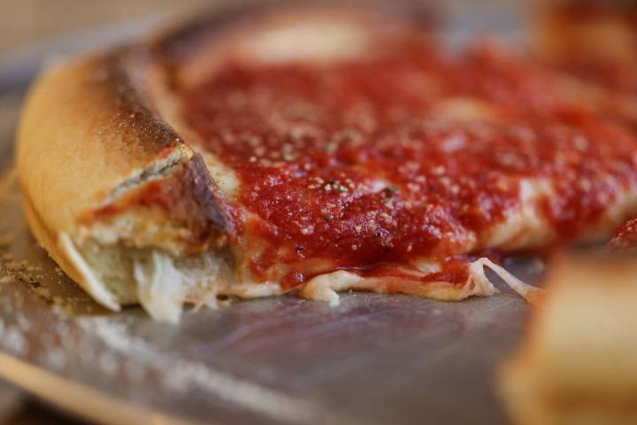A 12” Chicago deep dish cheese pizza is seen at Tony’s Pizzeria Friday, Oct. 10, 2025 in La ...