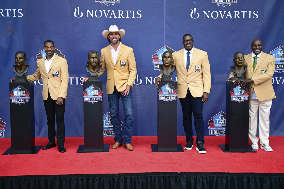 The Pro Football Hall of Fame Class of 2025 from left are Eric Allen, Jared Allen, Antonio Gate ...