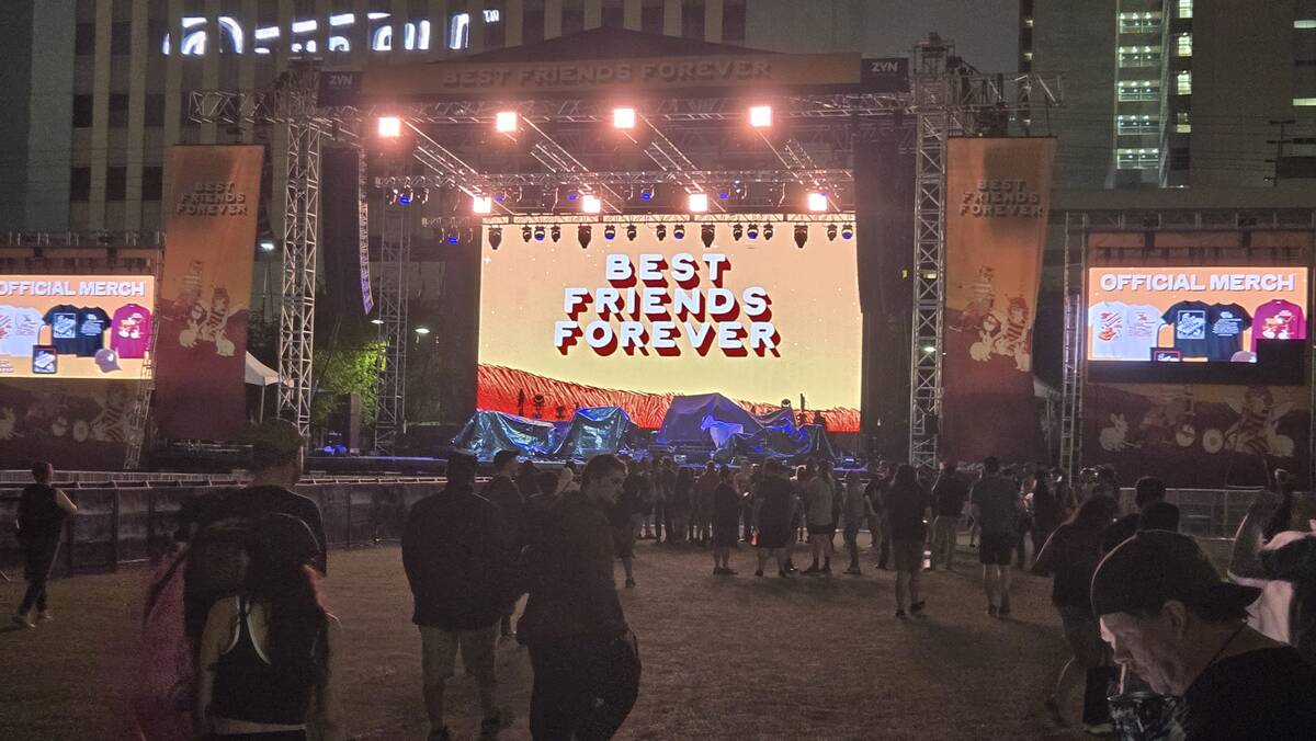 Storm rolled through downtown Las Vegas on Friday night, pausing the outdoor Best Friends Forev ...