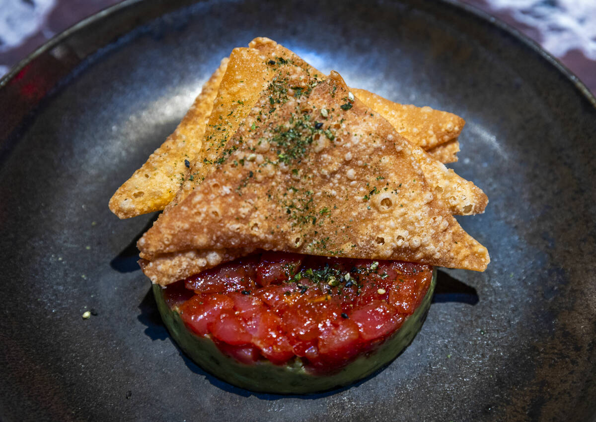 Guacamole with avocado, cilantro, lime, seasoned tortilla chips available at the F1 Las Vegas A ...