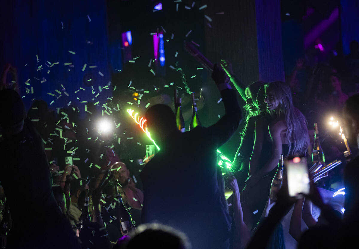 Confetti falls on the crowd at Marquee Nightclub at The Cosmopolitan on Tuesday, Oct. 14, 2025, ...