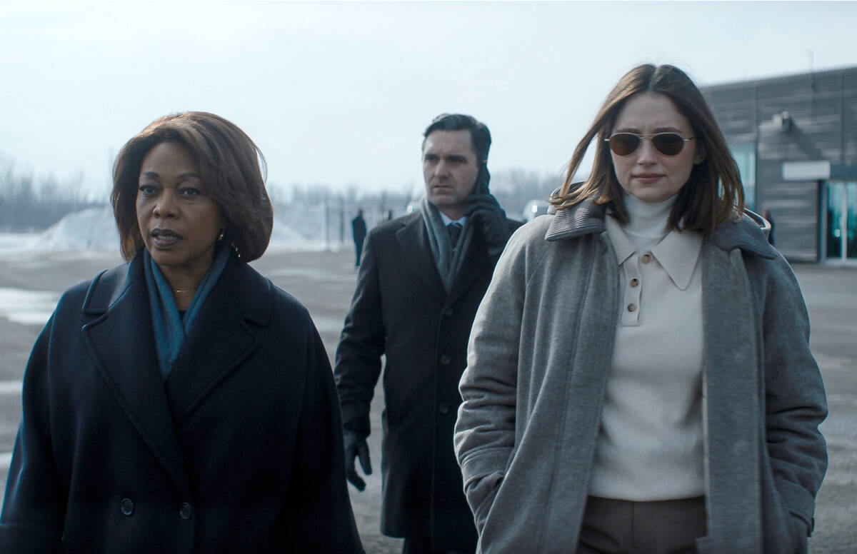 This image released by Apple TV+ shows, from left, Alfre Woodard, Gray Powell and Haley Bennett ...