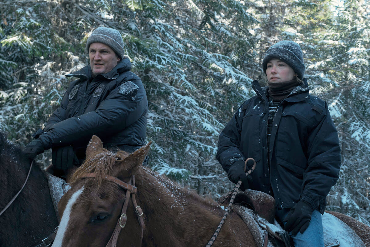 This image released by Apple TV+ shows Haley Bennett, right, and Jason Clarke in a scene from & ...