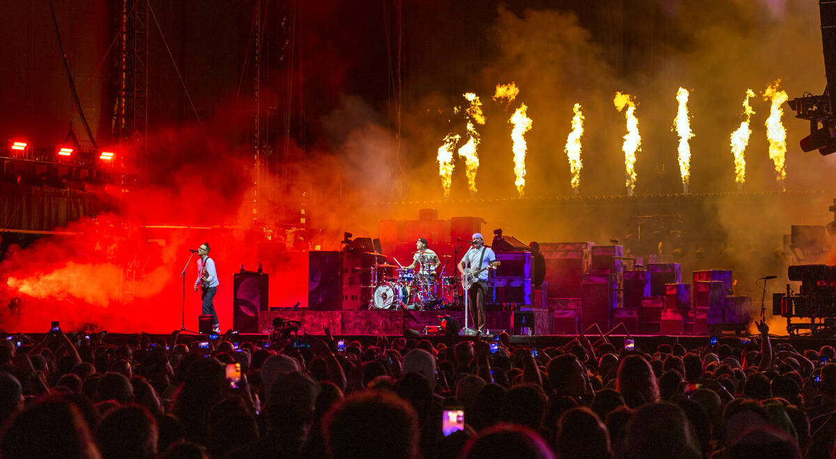 Blink-182 performs on the Pink stage during the When We Were Young Festival at the Las Vegas Fe ...