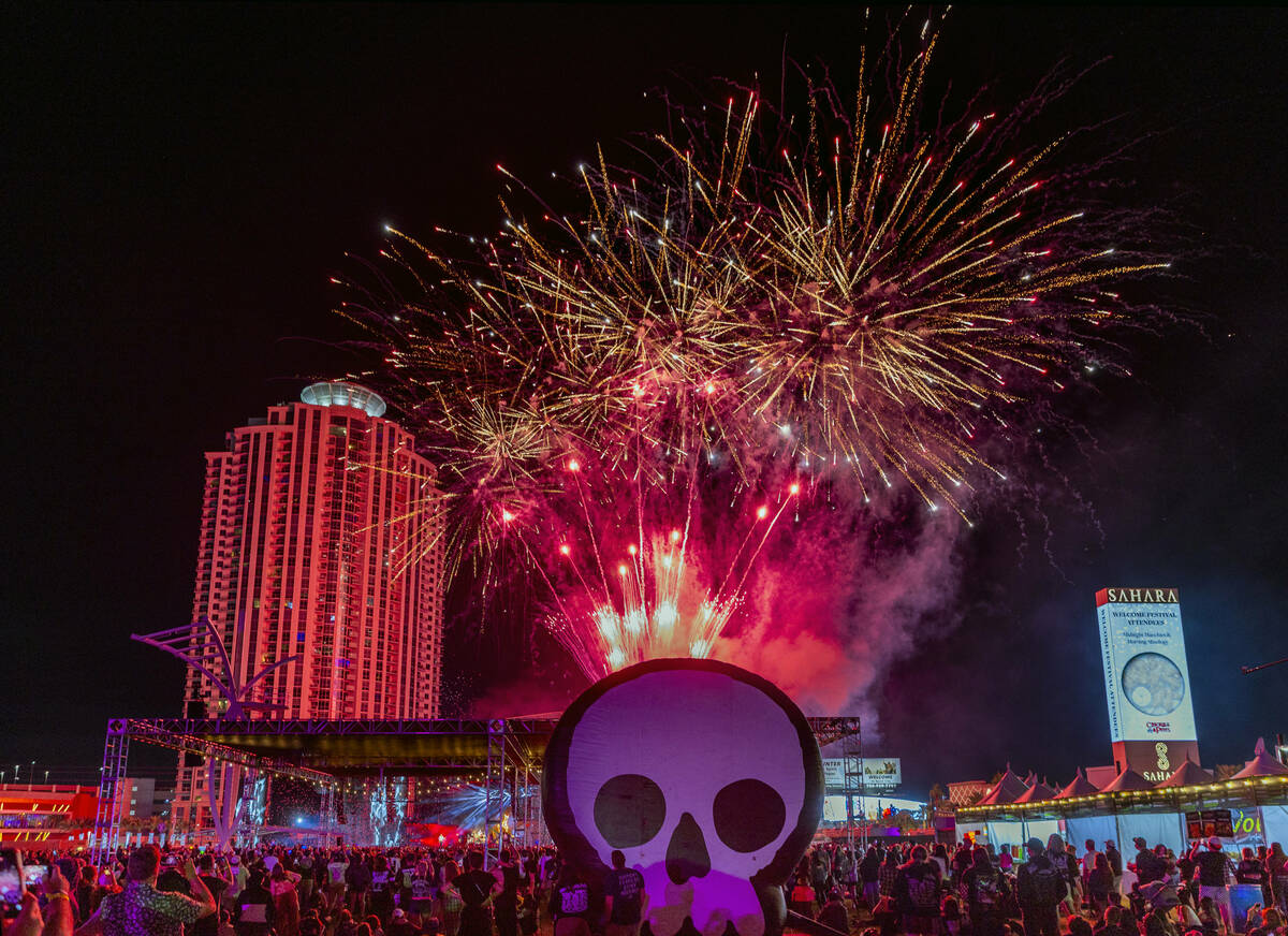 Fireworks erupt over the the Pink stage as Blink-182 wraps up their set during the When We Were ...