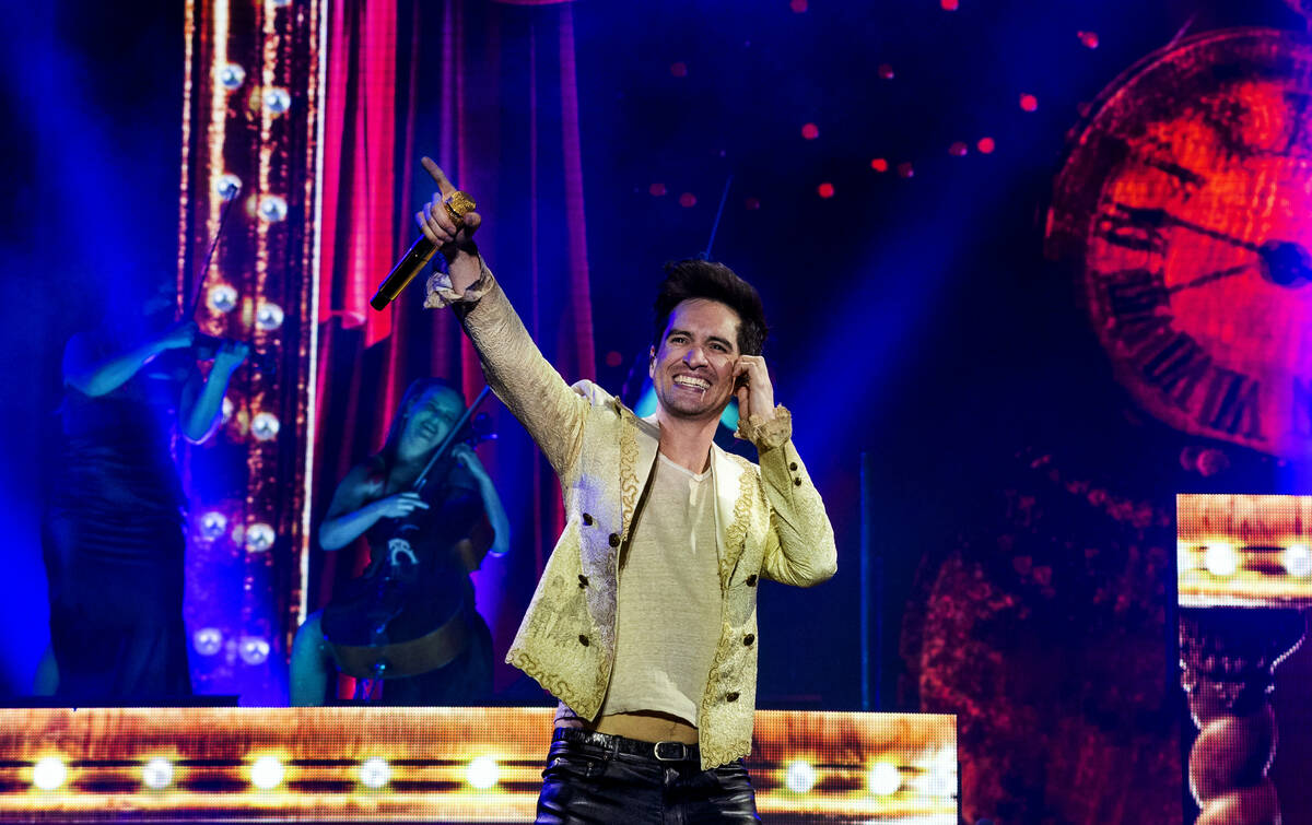 Lead singer Brendon Urie from Panic! At The Disco performs with the band on the 7-Eleven stage ...