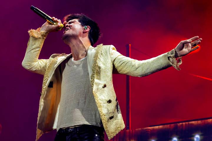 Lead singer Brendon Urie from Panic! At The Disco performs with the band on the 7-Eleven stage ...