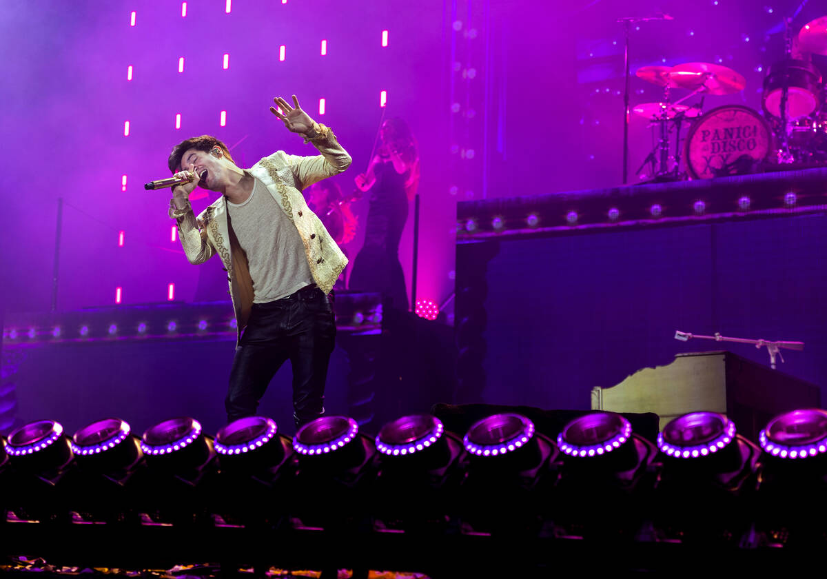 Lead singer Brendon Urie from Panic! At The Disco performs with the band on the 7-Eleven stage ...