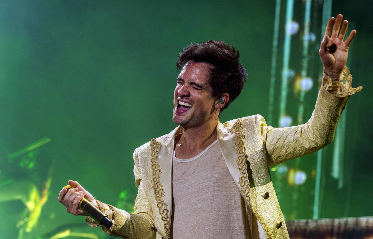 Lead singer Brendon Urie from Panic! At The Disco performs with the band on the 7-Eleven stage ...
