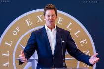 Tom Brady speaks about his new venture during the Hall of Excellence Press Conference at the Fo ...