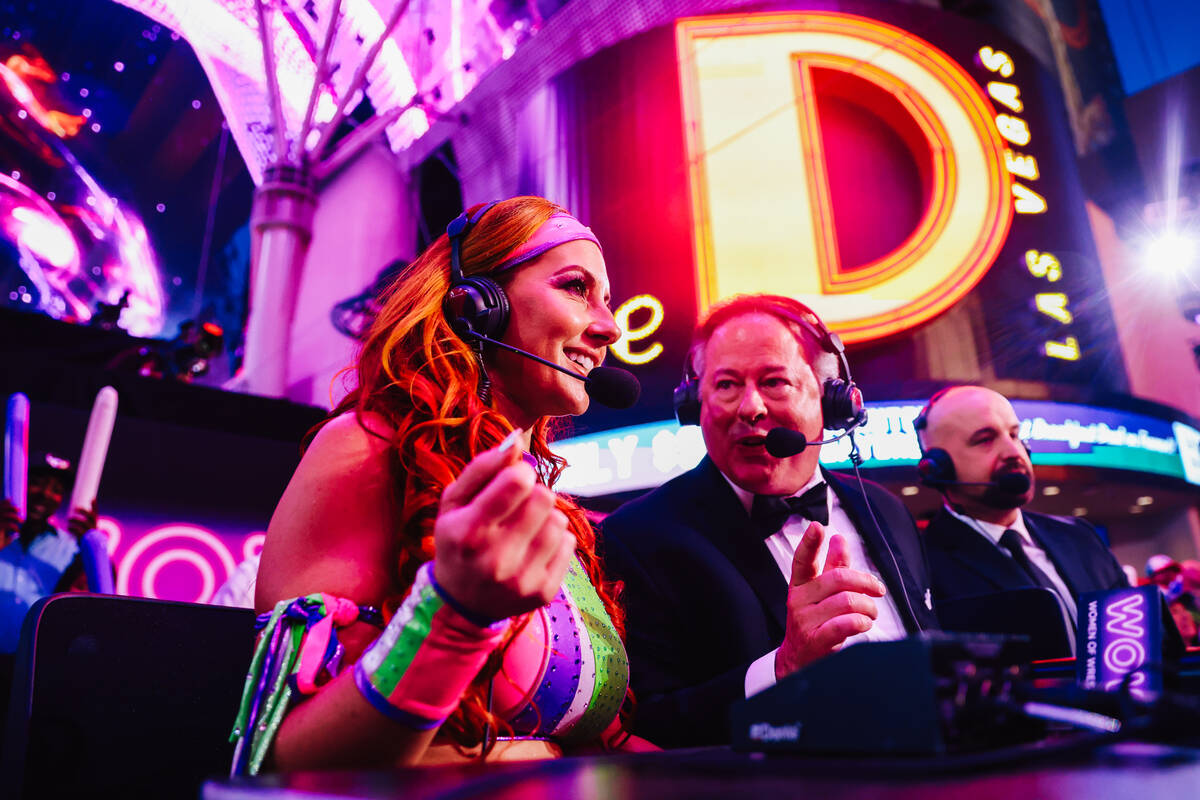 Santana Garrett gives commentary to a WOW Wrestling match on Fremont Street Wednesday, Oct. 22, ...