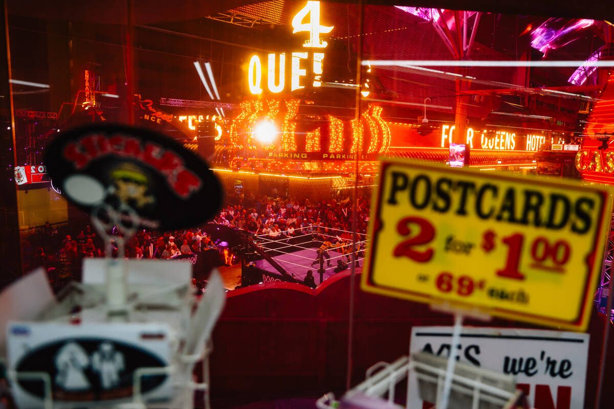 A WOW Wrestling match plays out on Fremont Street Wednesday, Oct. 22, 2025, in Las Vegas. (Made ...