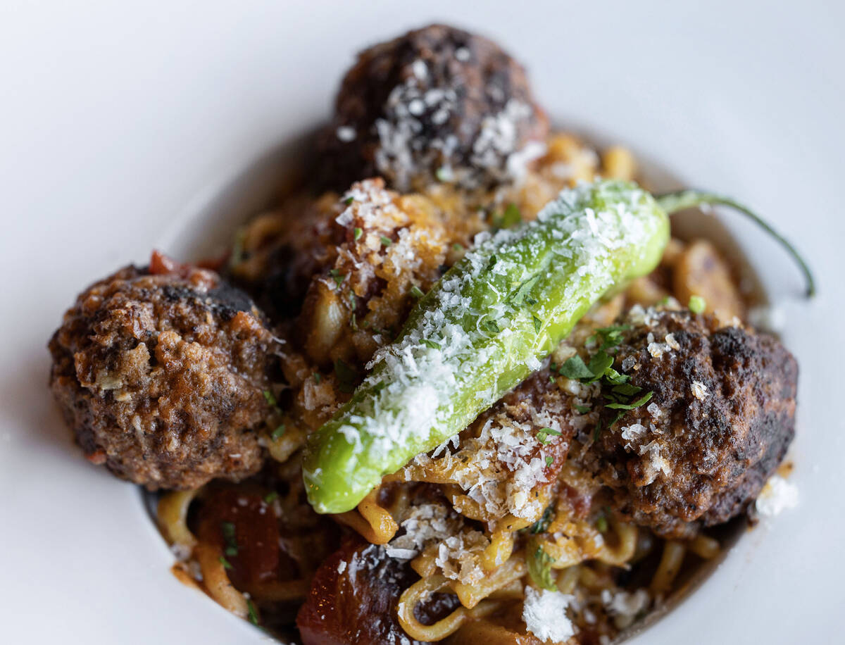 Wagyu meat ball ra-pasta is photographed at Gastropub Nisei Wednesday, Oct. 29, 2025 in Las Veg ...