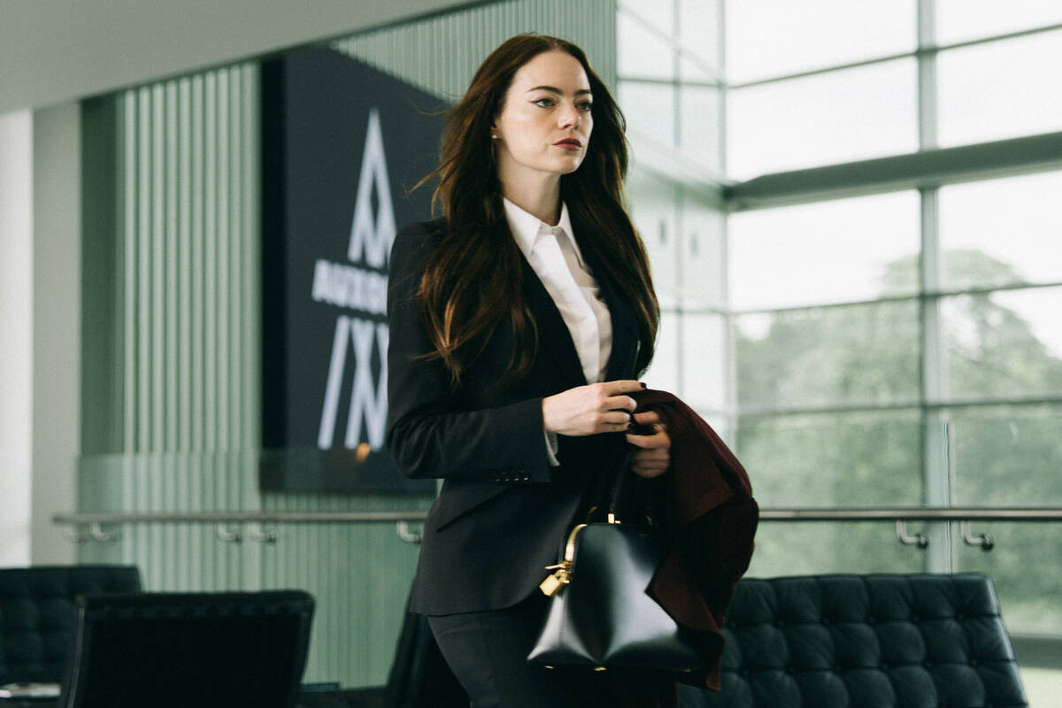 This image released by Focus Features shows Emma Stone in a scene from "Bugonia." (At ...