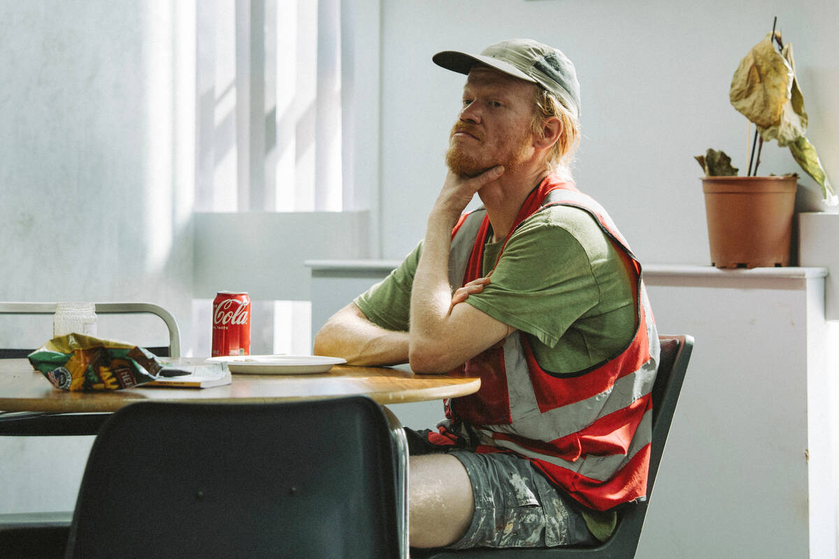 This image released by Focus Features shows Jesse Plemons in a scene from "Bugonia." ...