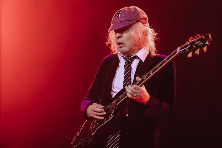 Angus Young of AC/DC performs during their “Power Up” tour stop at Allegiant Stad ...