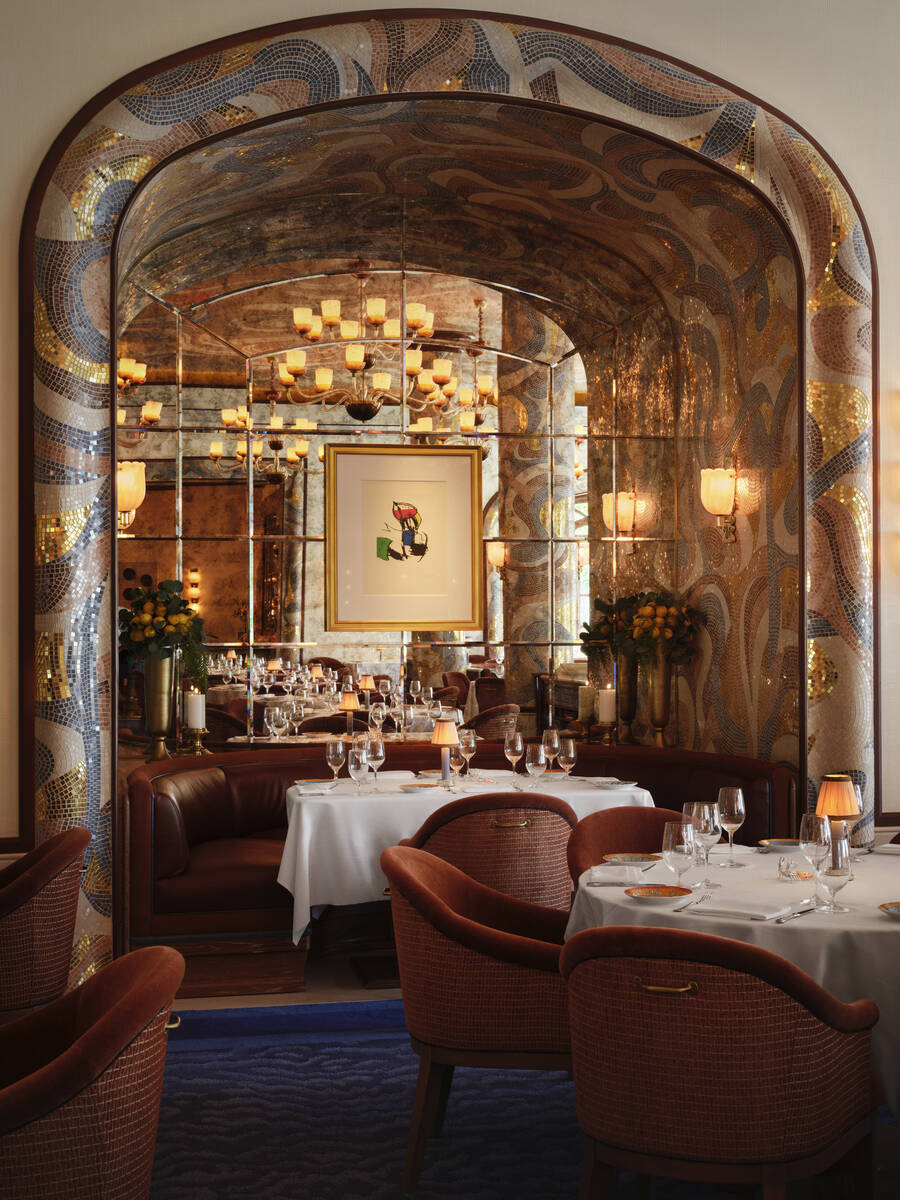 A banquette at Carbone Riviera, opening on Nov. 7, 2025, on the shores of the Bellagio lagoon o ...