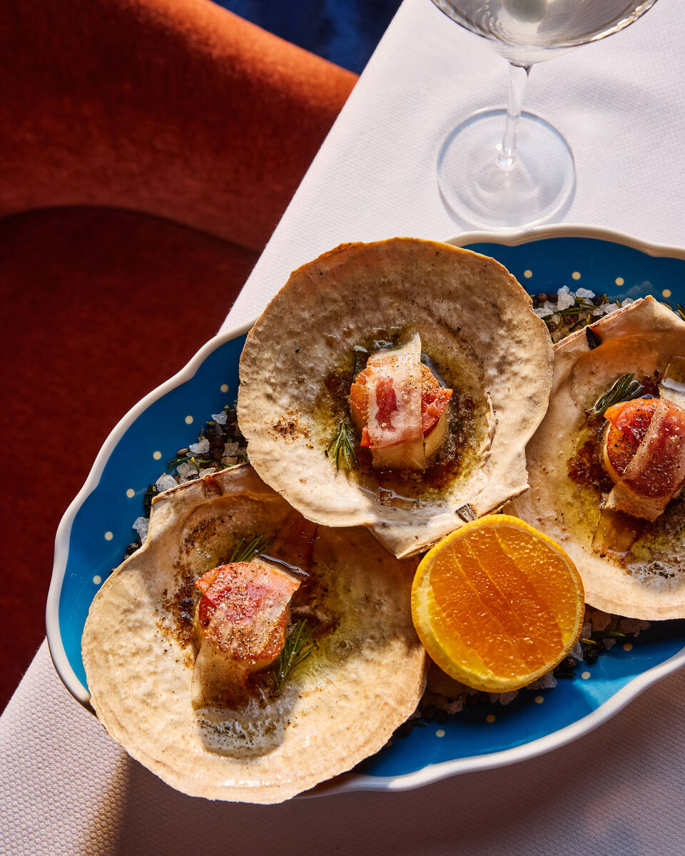 Broiled scallops from Carbone Riviera, opening on Nov. 7, 2025, on the shores of the Bellagio l ...