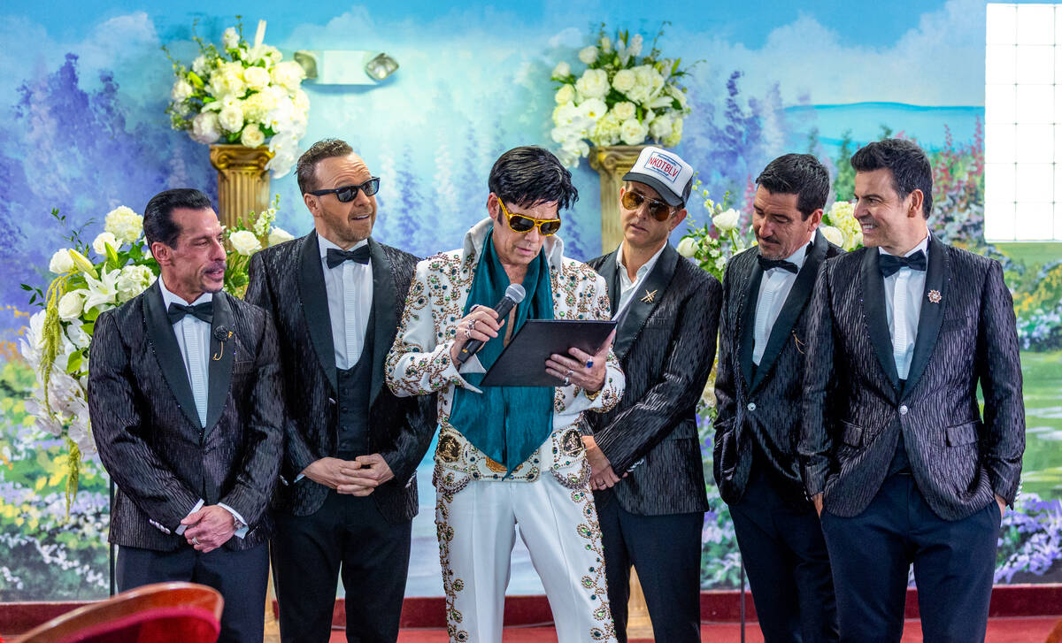 Ron DeCar as Elvis presides as the New Kids on the Block members Danny Wood, Donnie Wahlberg, J ...