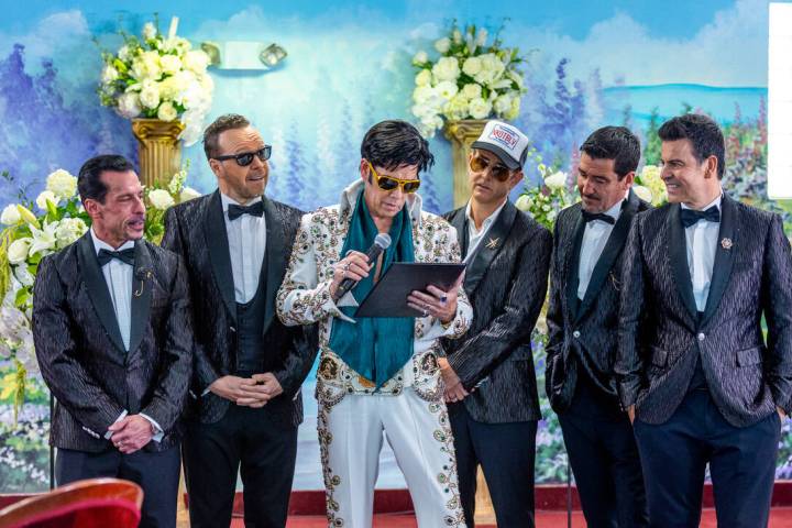 Ron DeCar as Elvis presides as the New Kids on the Block members Danny Wood, Donnie Wahlberg, J ...
