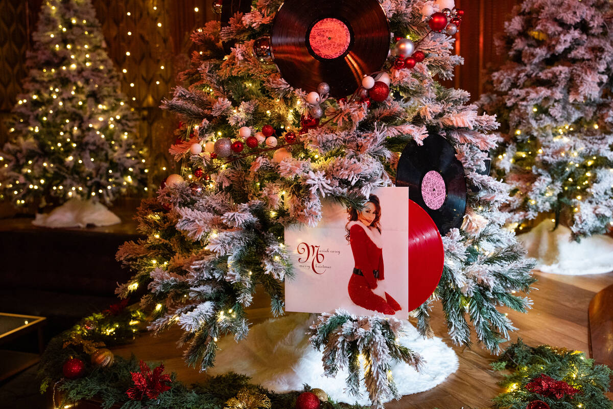 Christmas Trees are decorated with records for The Mariah Carey Holiday Bar pop-up at On the Re ...