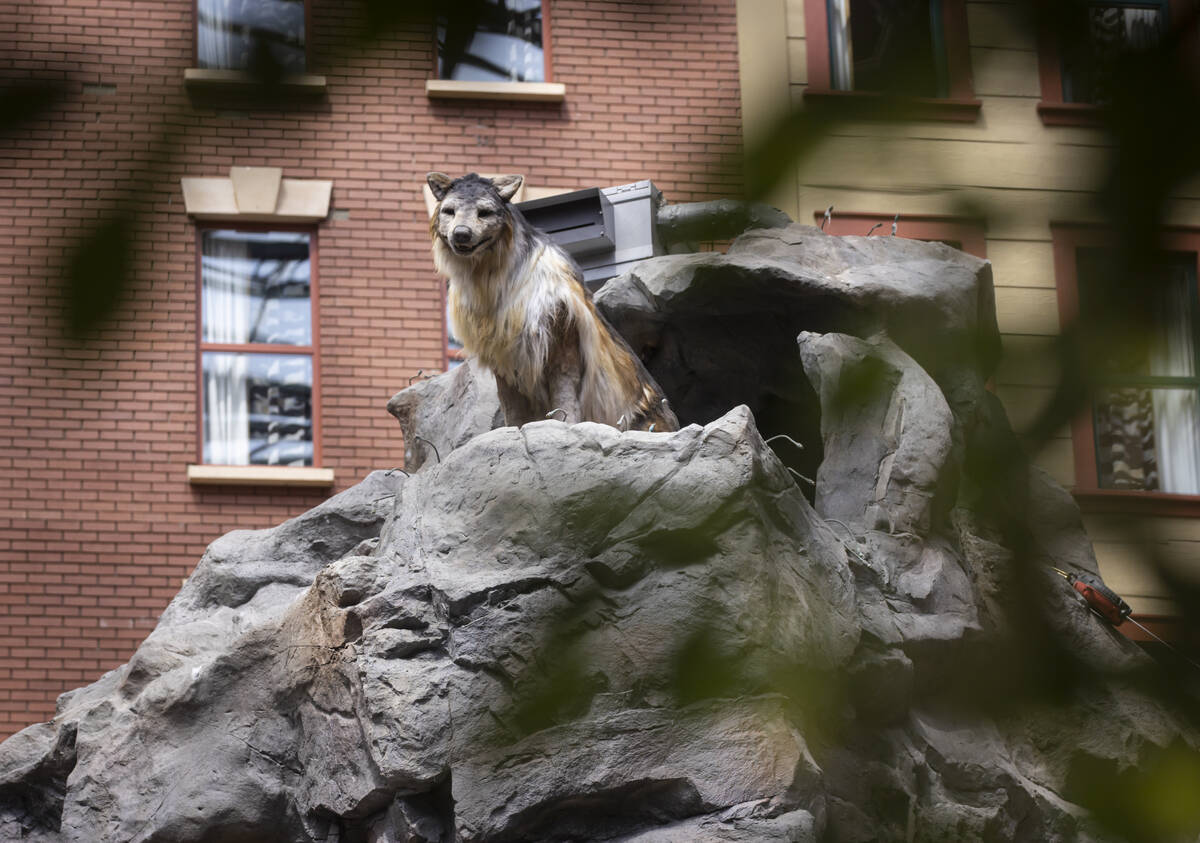 An animatronic wolf is seen at Mystic Falls Park, which features a laser and water show with an ...