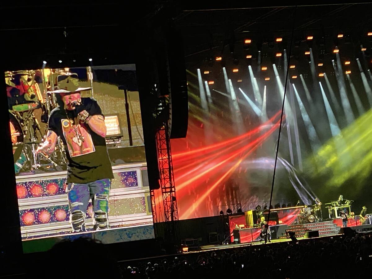 Guns N' Roses plays Allegiant Stadium on Friday, Aug. 27, 2021. (John Katsilometes/Las Vegas Re ...