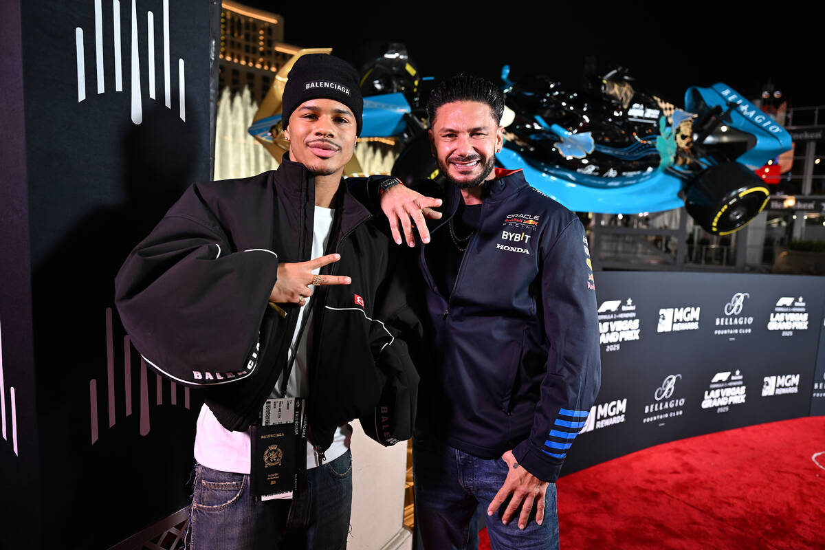 Ace Greene and DJ Pauly D arrive at Bellagio Fountain Club during the Formula 1 Las Vegas Grand ...