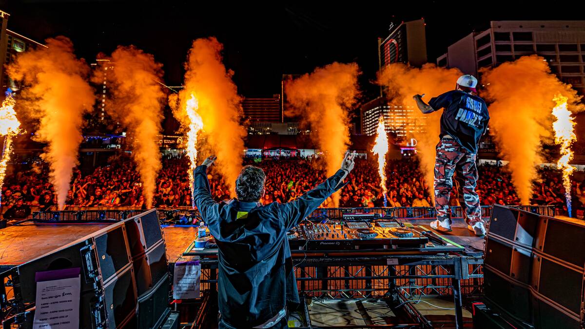 Two Friends are shown on the closing night of Neon City Festival at Downtown Las Vegas Events C ...