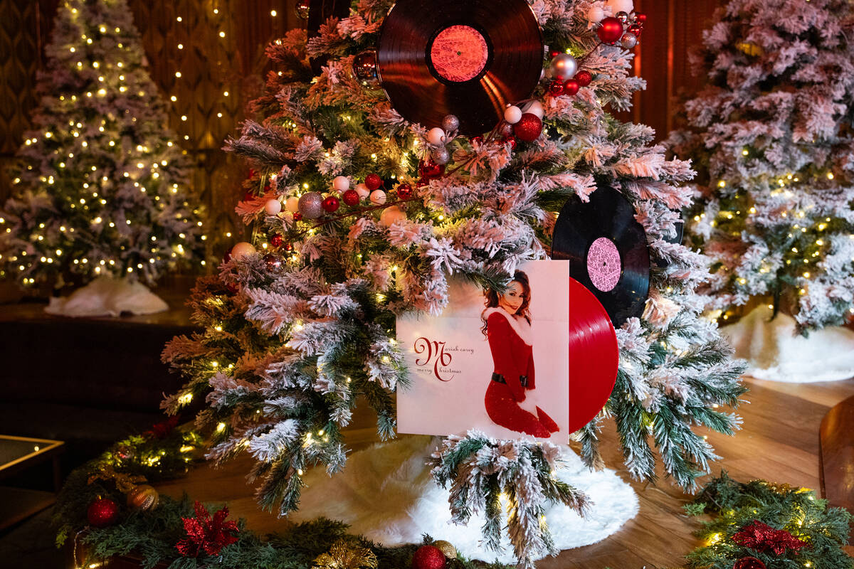 Christmas Trees are decorated with records for The Mariah Carey Holiday Bar pop-up at On the Re ...