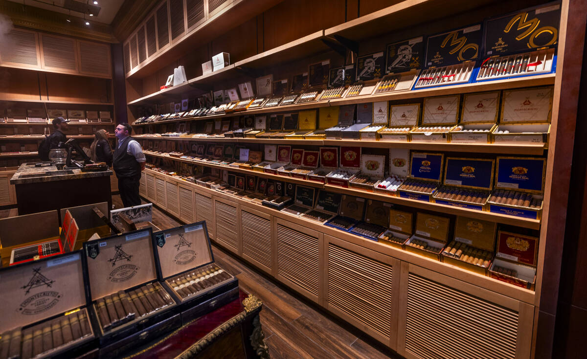 A variety of cigars to purchase in the humidor of the Montecristo Cigar Bar in the Paris as Cae ...