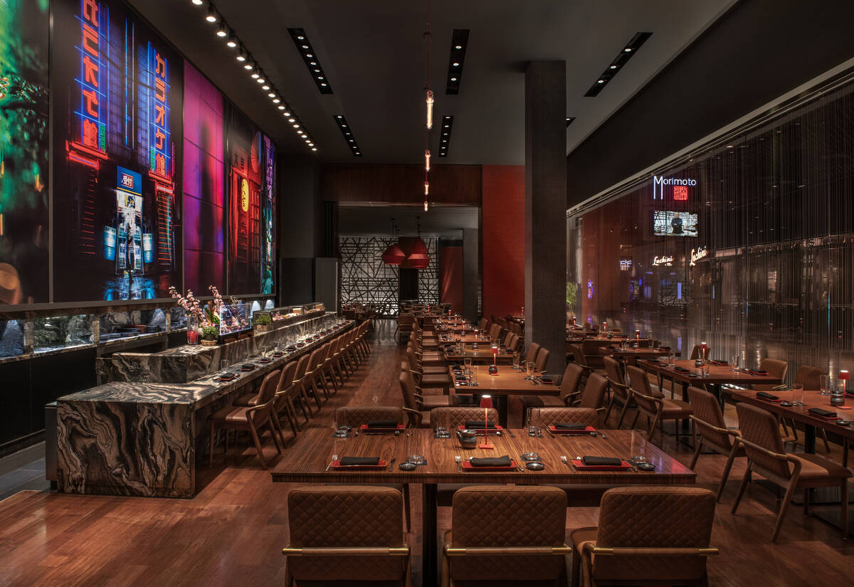 The sushi bar of Morimoto at MGM Grand on the Las Vegas Strip is seen following a fall 2025 des ...