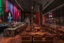 The sushi bar of Morimoto at MGM Grand on the Las Vegas Strip is seen following a fall 2025 des ...