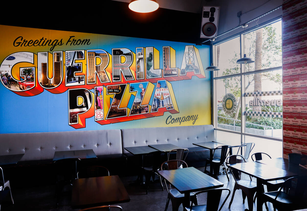 The interior of Guerrilla Pizza is seen Wednesday, Dec. 3, 2025 in Las Vegas. (Benjamin Hager/L ...