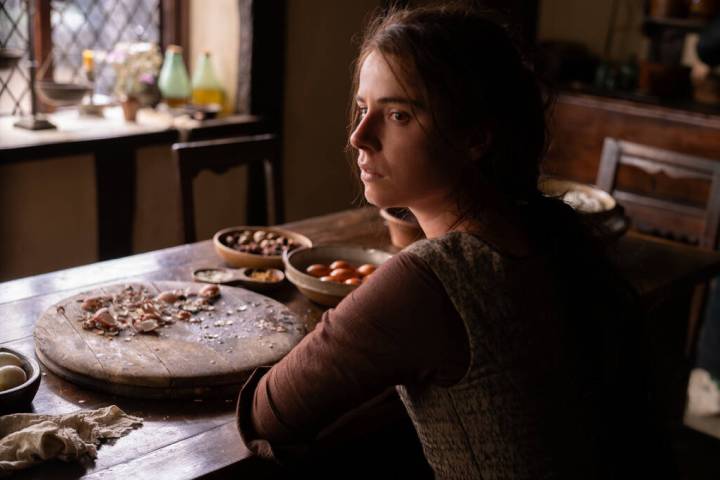 This image released by Focus Features shows Jessie Buckley in a scene from "Hamnet." ...